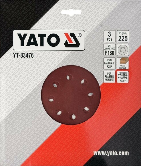 Круг шлифовальный с липучкой Yato YT-83476 для YT-82340 и YT-82350 (диам. 225 мм, Р180) изображение 2