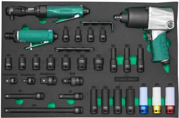 Набор пневматического инструмента JONNESWAY 1/2 DR и ударных торцевых головок с аксессуарами, 31 предмет в ложементе EVA 560х400 мм (JA-C231SV)