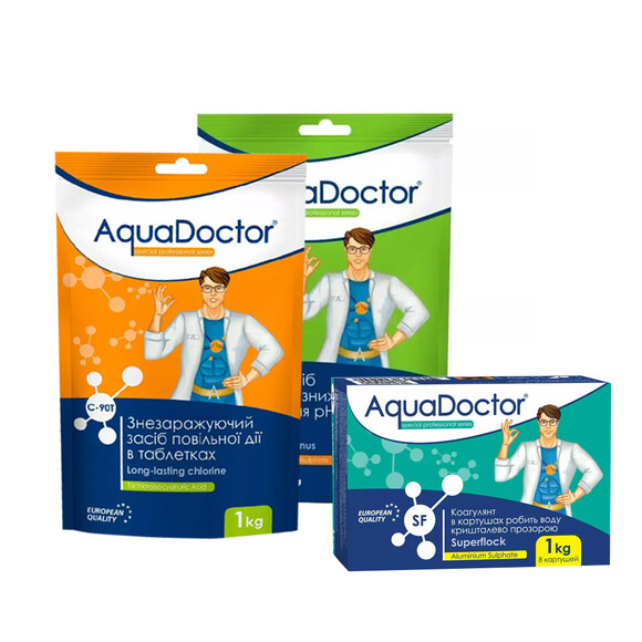 Комплект для басейну AquaDoctor: pH Minus 1 кг, C-90T хлор тривалої дії 1 кг, SuperFlock Коагулянт тривалої дії 1 кг (164018)