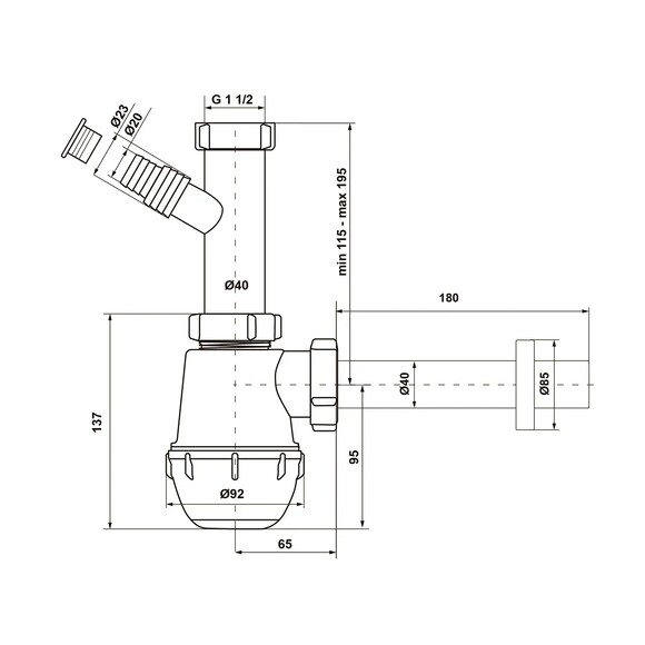 Сифон для кухонной мойки KronoPlast 1 1/2''х40 мм без выпуска, с отводом для стиральной машины и прямой трубой SM10020002 (CV018293) изображение 2
