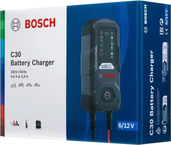 Зарядний пристрій Bosch C30, 6V/12V, 0.8A/3.8A, 1.2Ah-14Ah/1.2Ah-120Ah, свинцево-кислотний, EFB, AGM, GEL, VRLA (0189911030) фото 9
