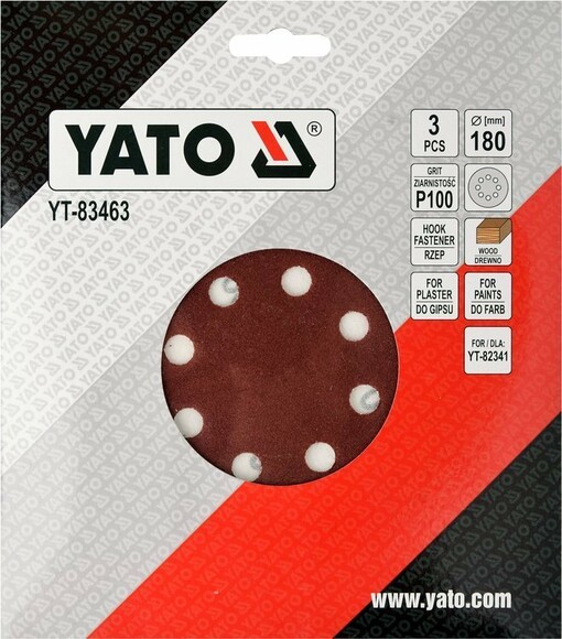 Диск шліфувальний з липучкою Yato YT-83463 для YT-82341 (діам. 180 мм, Р100) фото 2