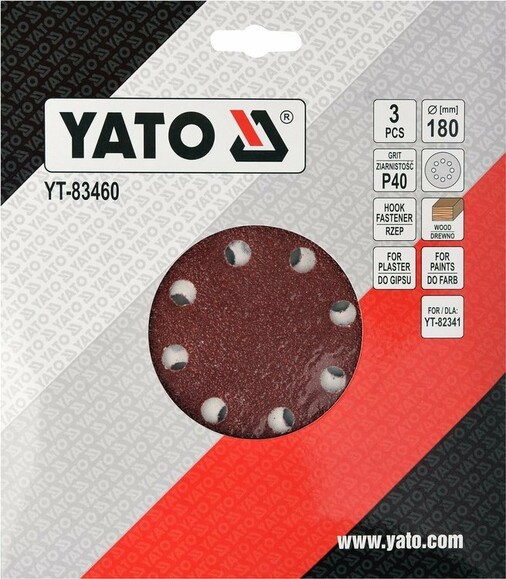 Диск шліфувальний з липучкою Yato YT-83460 для YT-+82341 (діам. 180 мм, Р40) фото 2