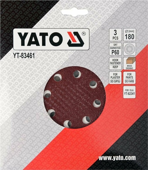 Диск шліфувальний з липучкою Yato YT-83461 для YT-+82341 (діам. 180 мм, Р60) фото 2