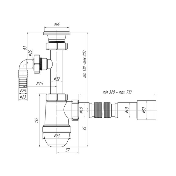 Сифон для раковины ANIplast с резьбовым выпуском 64 мм и отводом для стиральной машины C1315EU (CV018496) изображение 2