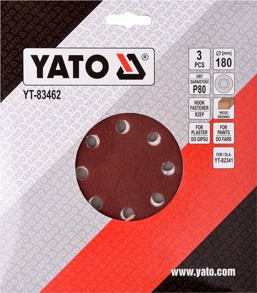 Диск шліфувальний з липучкою Yato YT-83462 для YT-+82341 (діам. 180 мм, Р80) фото 2